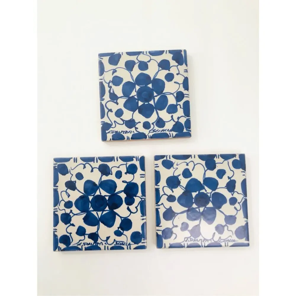 italian tiles set of 3 blue and white 4 inch squares collectible‎ signed